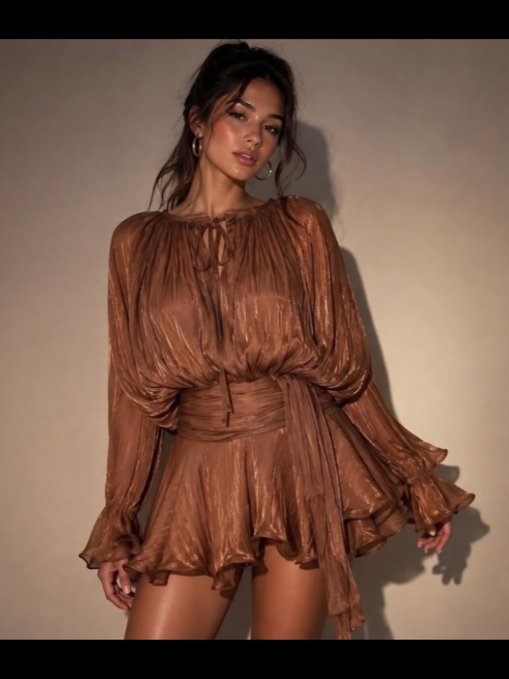 Shimmery Bronze Long-Sleeve Mini Dress with Waist Sash
